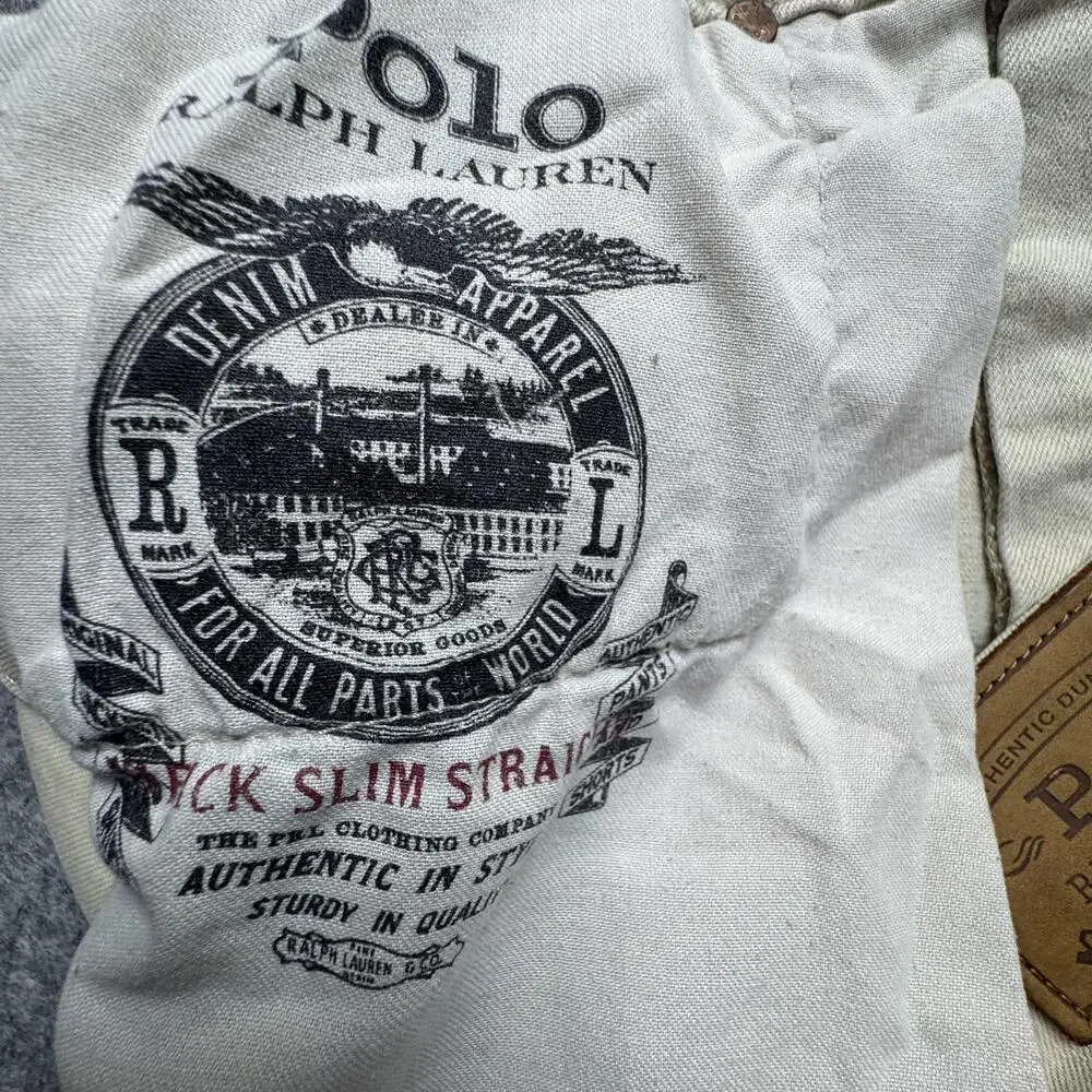 Polo Ralph Lauren Varick Slim Straight Jeans Mens 33x30 Beige Button Fly Denim